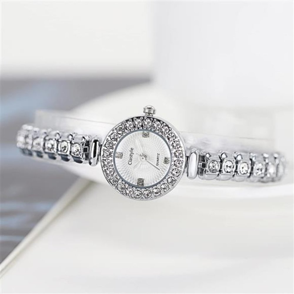 Rhinestone Silver Women Ladies Elegant Stainless Steel Watch